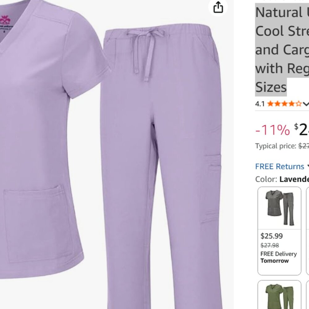 Natural Uniforms Women's Cool Stretch V-Neck Top and Cargo Pant Scrub Set Lilac